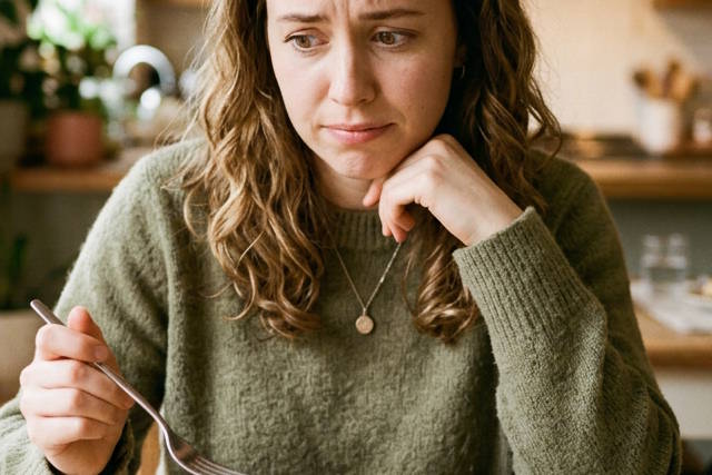 אישה עם הבעה מודאגת אוחזת מזלג