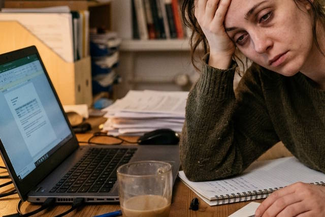 אישה עייפה מול מחשב נייד.