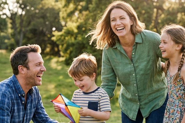 משפחה צוחקת בפארק, משחקים.