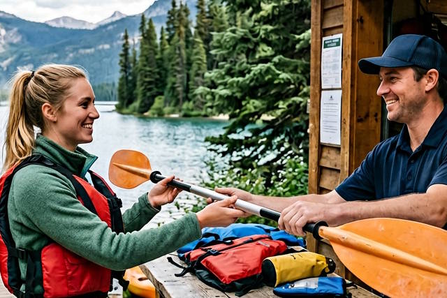 איש ואישה מחזיקים paddle ליד האגם.