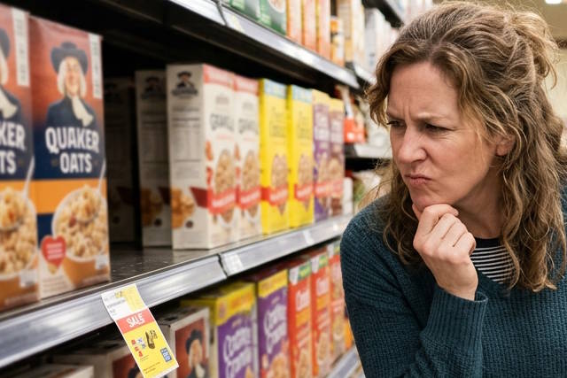 אישה בוחנת דגני בוקר בסופר.