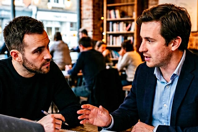 שני גברים מנהלים שיחה בבית קפה.