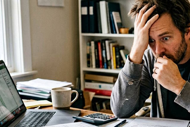 גבר מודאג מול מחשב נישא.