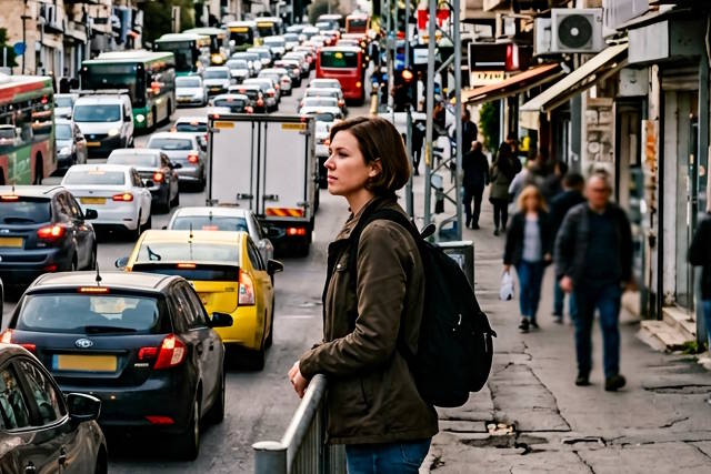 אישה עומדת ליד תור תנועה