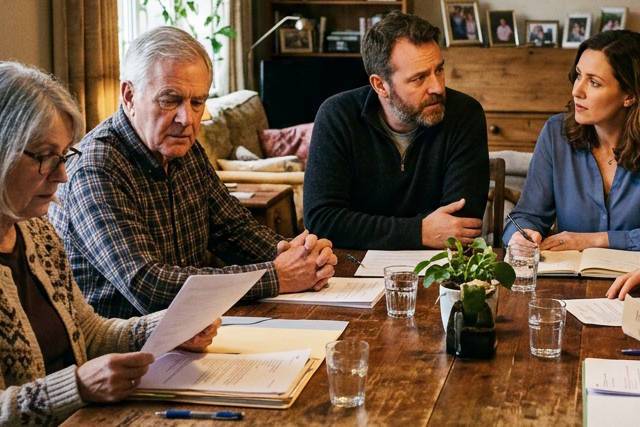 דיון סביב שולחן עץ. ארבעה אנשים.