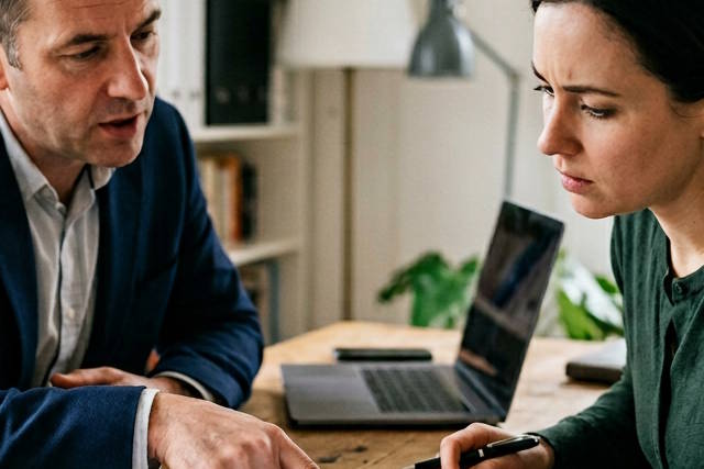 שני אנשים מדברים ליד מחשב.