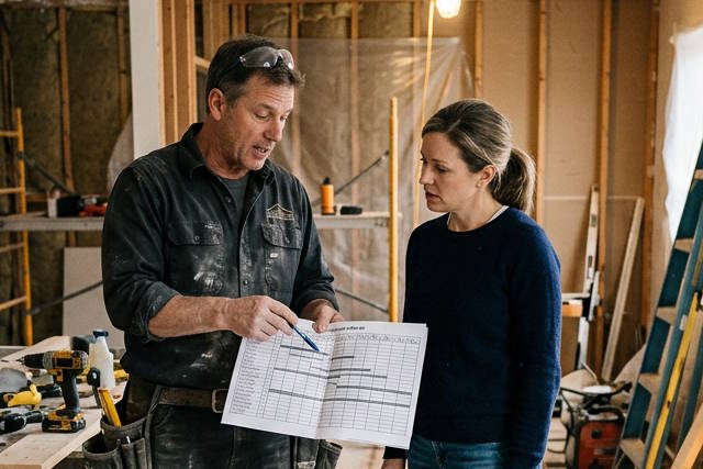 איש מקצוע מציג תוכנית לאישה.