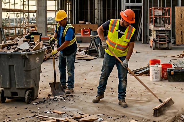 עובדים באתר בנייה מנקים פסולת
