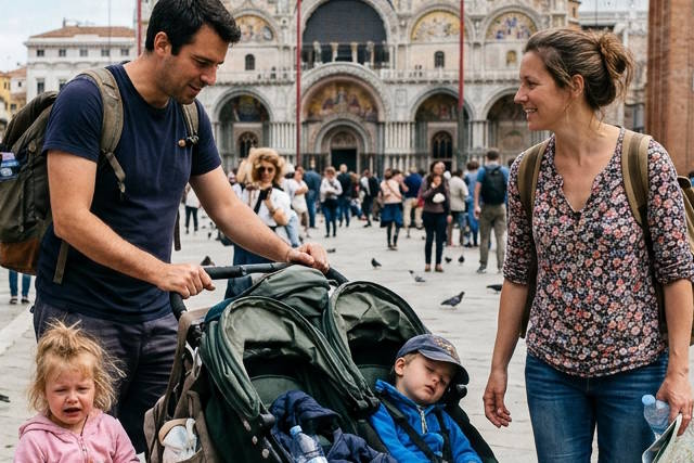משפחה בשוק עם עגלת ילדים